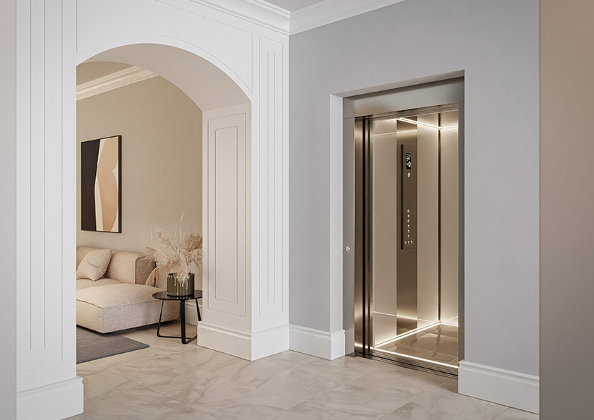 A home lift with mirrored, softly lit cabin in an elegant hallway